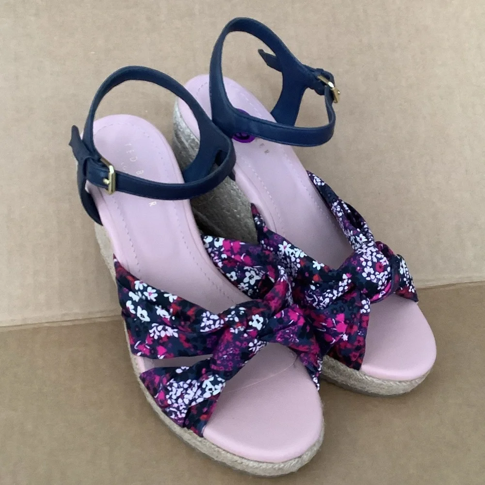 TED BAKER SHOES TAYLINA‎ FLORAL ESPADRILLE WEDGE SANDAL IN NAVY NWOT sz 6 1/2